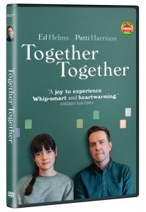 DVD box for the movie called Together Together, which features photo of stars Ed Helms and Patti Harrison.